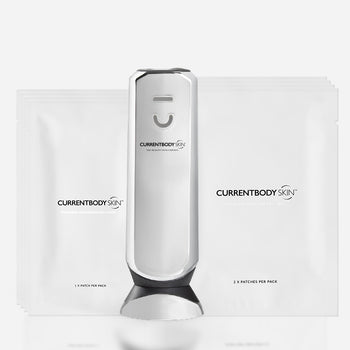 CurrentBody Radio Frequency & Microneedling Starter Kit bundle; includes CurrentBody Skin Radio Frequency RF Device with forehead and under-eye microneedling patches. 